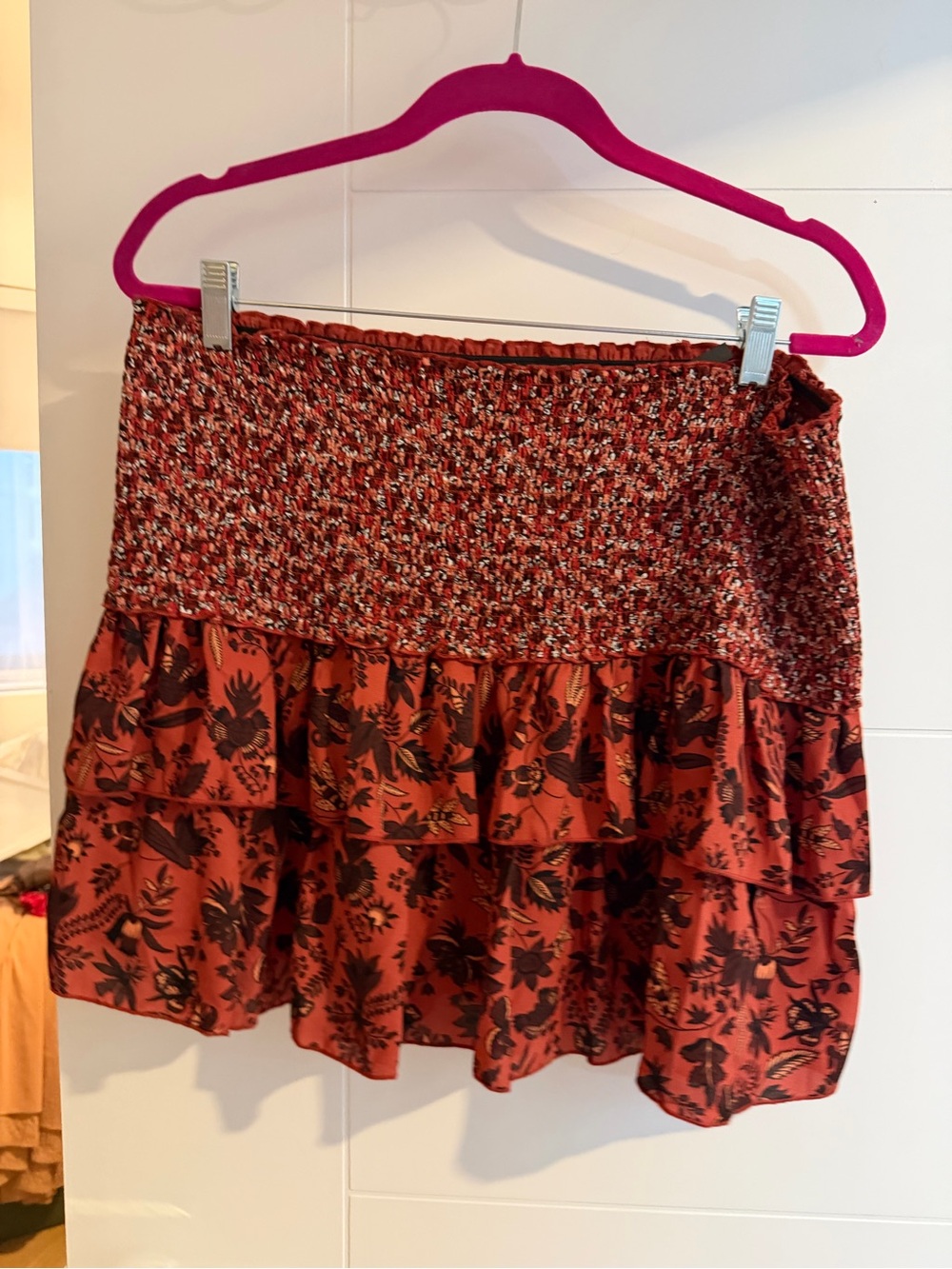 Tiered Rust Floral Smocked Mini Skirt